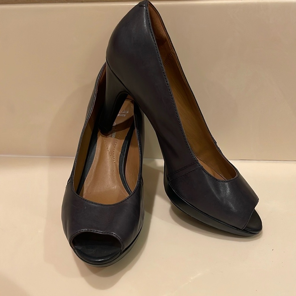 Clarks Navy Peep-Toe Heels - Size 9